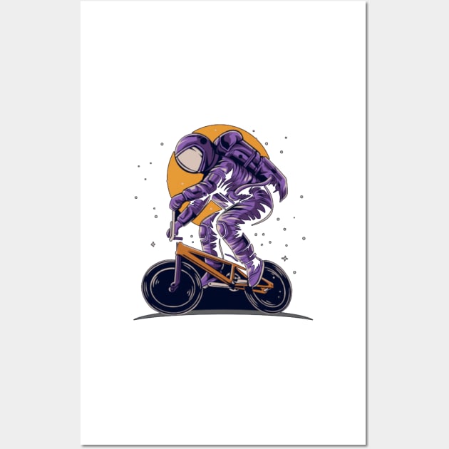 Astronaut riding bmx bike on space with moon background Wall Art by t-shiit